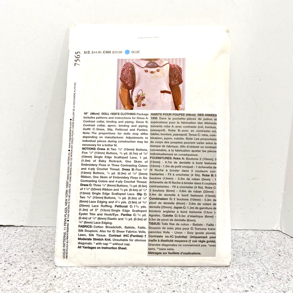 Vogue Sewing Pattern 7565 1930's Doll Clothing for 18" Doll Teresa Layman Cut - Picture 2 of 4
